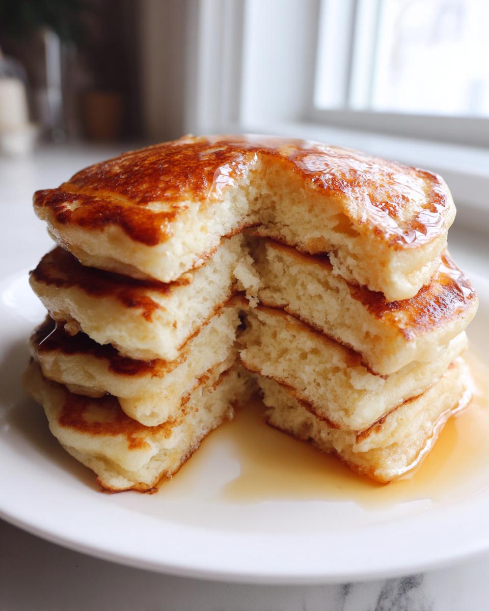 Close-up of a fluffy stack of banana pancakes with a bite taken out, drizzled with syrup.