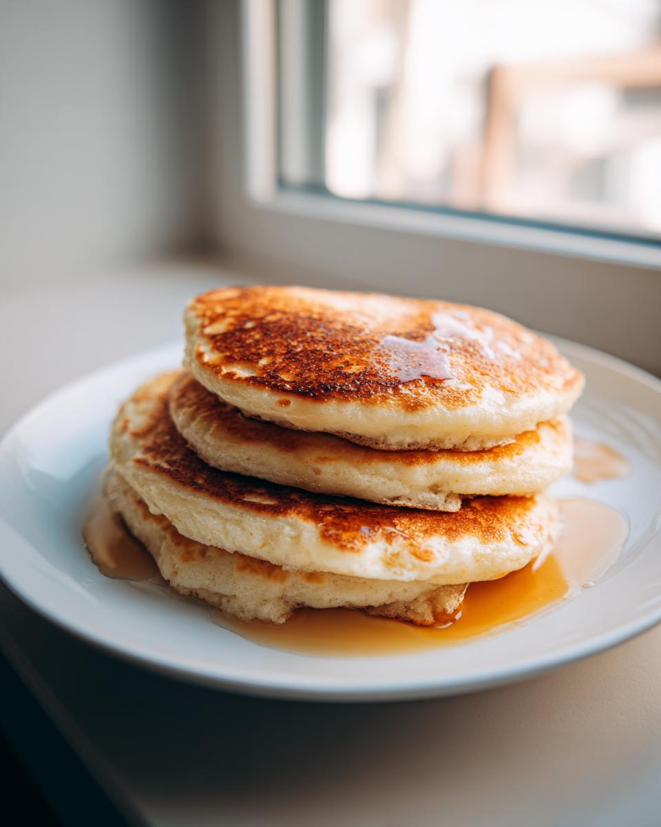 A stack of three fluffy banana pancakes drizzled with maple syrup on a white plate.
