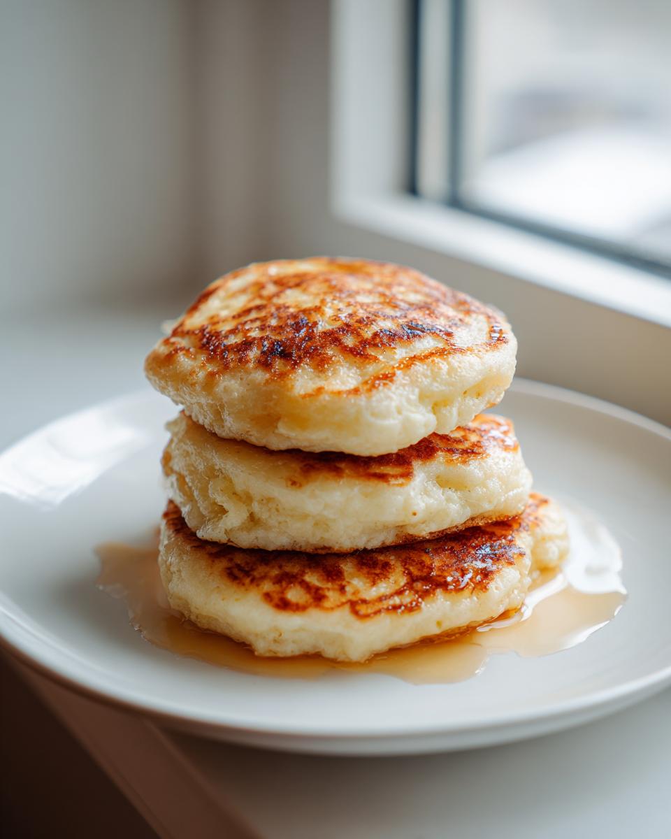 A stack of three fluffy banana pancakes drizzled with syrup on a white plate near a window.
