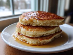 Close-up of a stack of three fluffy banana pancakes drizzled with maple syrup on a white plate.