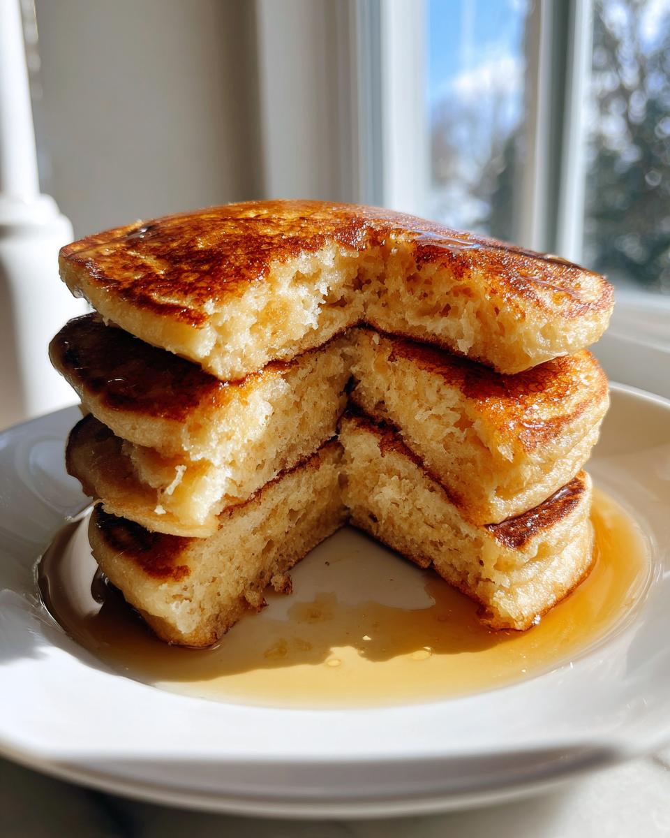 Close-up of a fluffy stack of banana pancakes cut in half, drizzled with syrup.