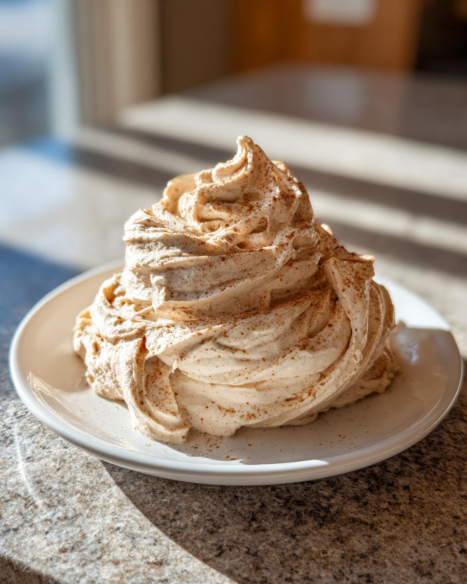 A tall, swirled mound of light brown cinnamon butter, dusted generously with ground cinnamon, sitting on a white plate.
