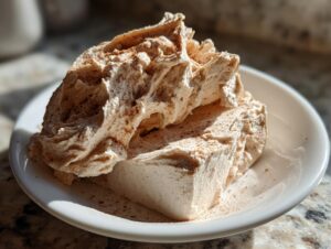Two scoops of fluffy, light brown cinnamon butter dusted with extra cinnamon powder, resting on a small white dish.
