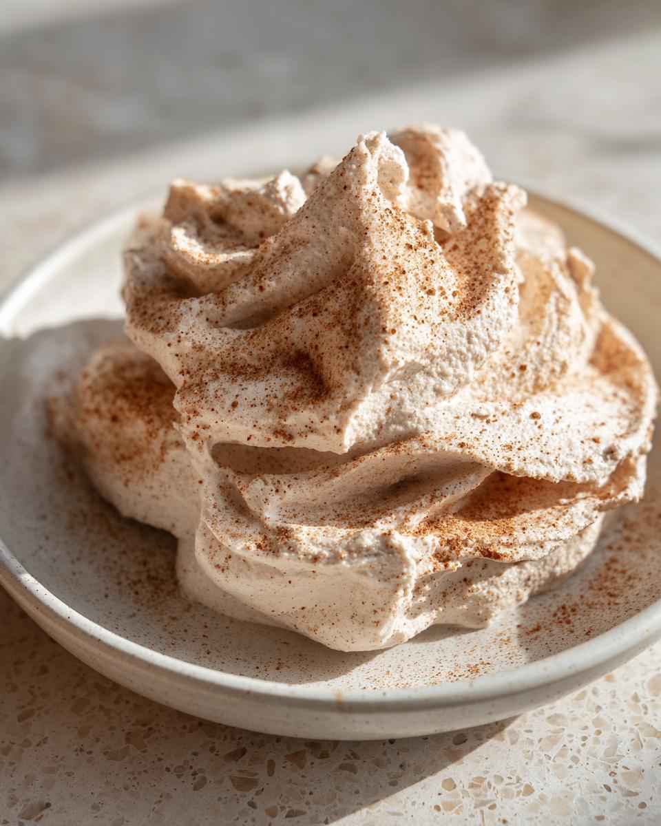 A close-up of fluffy, light brown whipped topping dusted heavily with cinnamon, resembling homemade cinnamon butter.