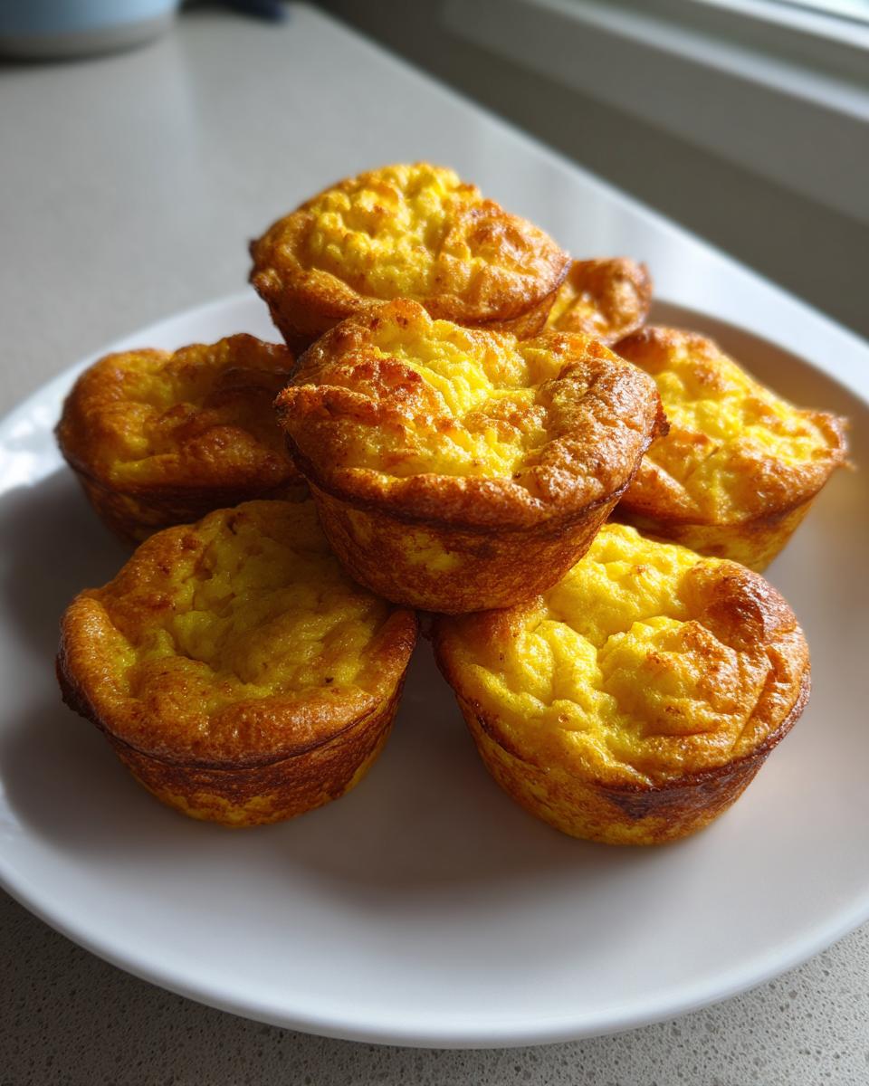 A stack of six golden brown, fluffy homemade egg bites served on a white plate.
