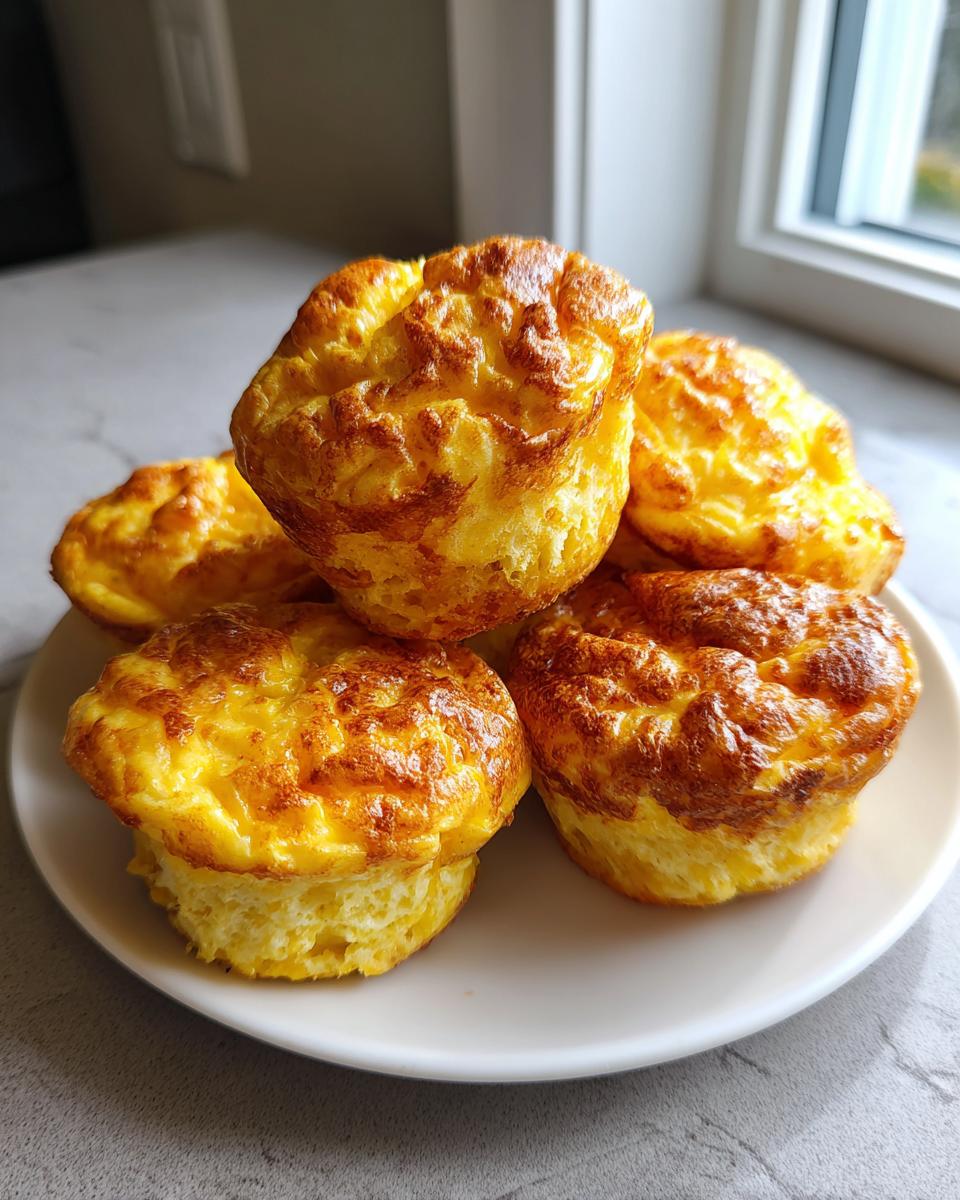 A stack of five fluffy, golden-brown homemade egg bites resting on a small white plate.