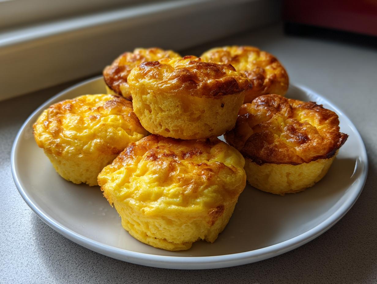 Five fluffy, golden-brown homemade egg bites stacked slightly on a light gray plate near a window.