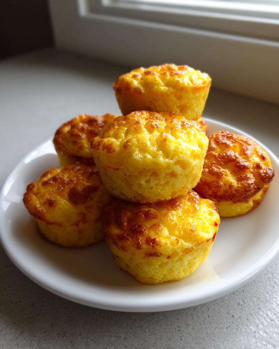 A stack of six fluffy, golden-brown homemade egg bites served on a small white plate.