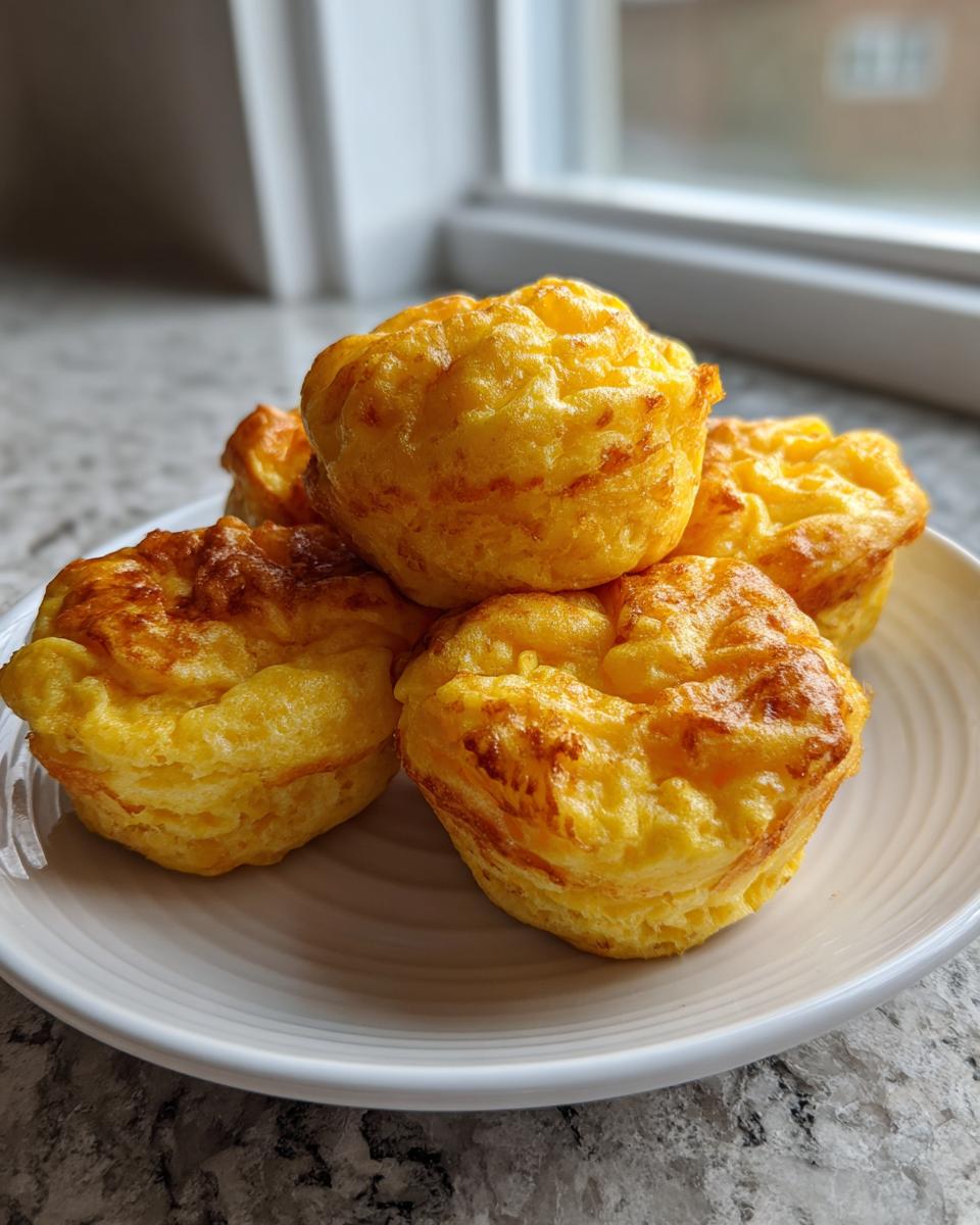 A close-up of four fluffy, golden-brown homemade egg bites stacked on a white plate.