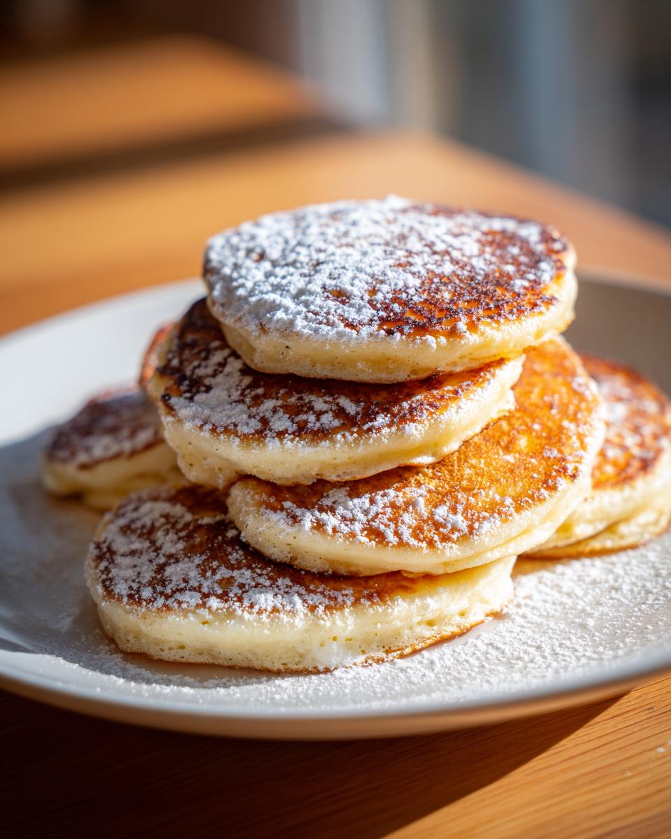 A tall stack of golden brown, fluffy pancakes generously dusted with powdered sugar, ready to eat.