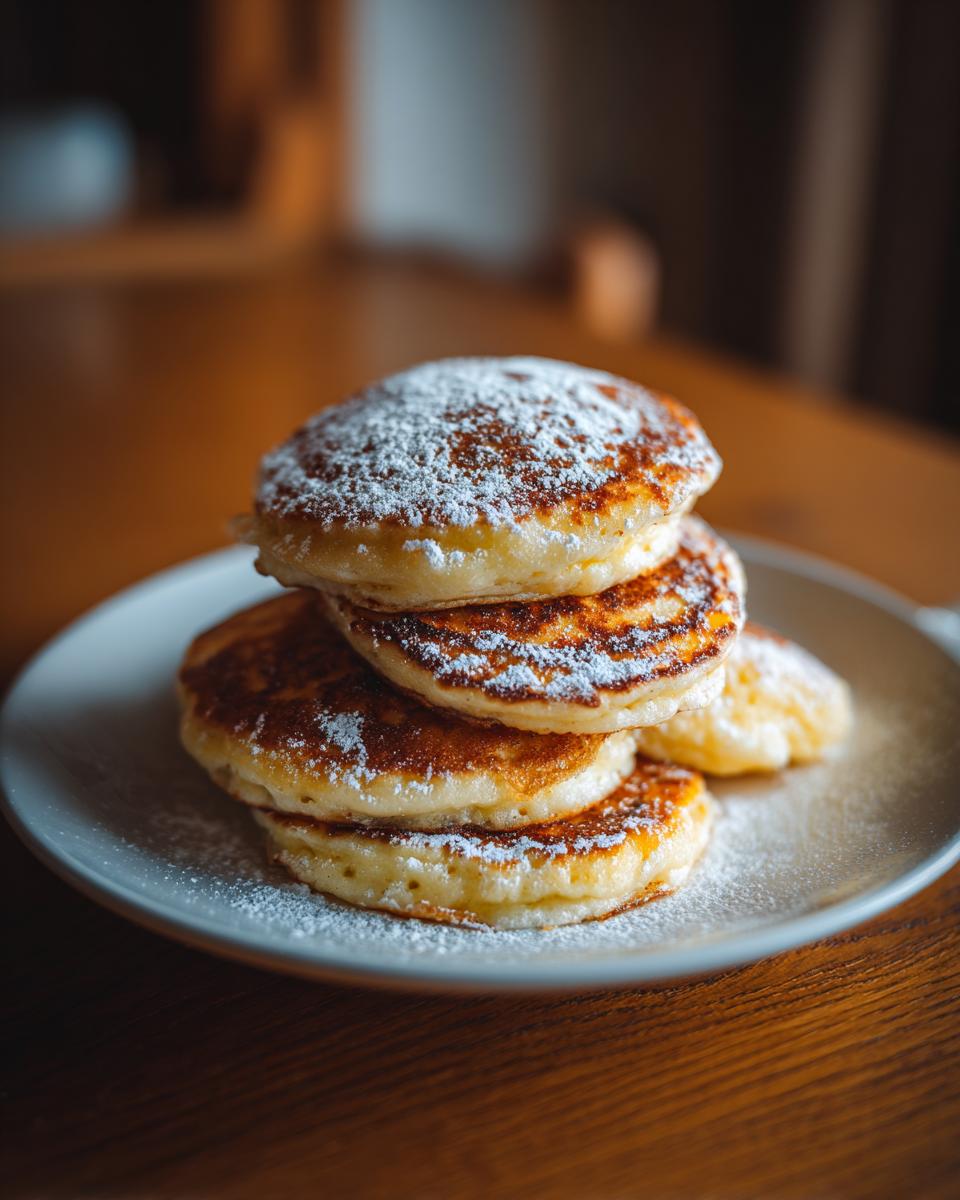 A close-up of a stack of four golden brown, fluffy pancakes dusted generously with powdered sugar.