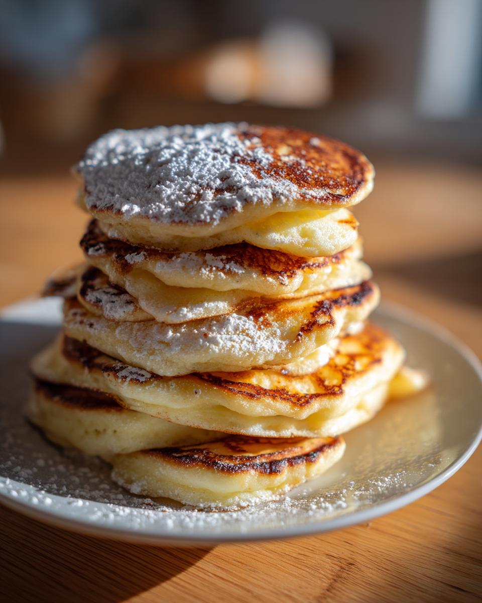 A tall stack of fluffy pancakes generously dusted with powdered sugar, ready to eat.