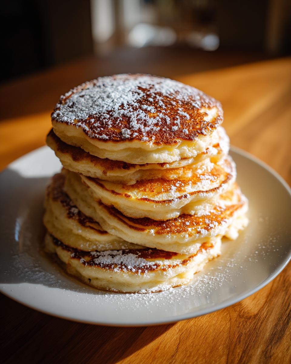 A tall stack of fluffy pancakes dusted generously with powdered sugar, sitting on a white plate.