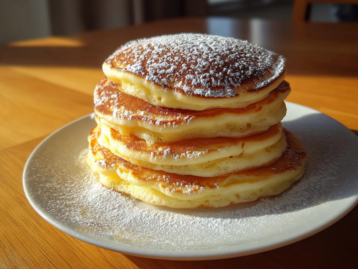 A tall stack of five fluffy pancakes dusted generously with powdered sugar, sitting on a white plate.