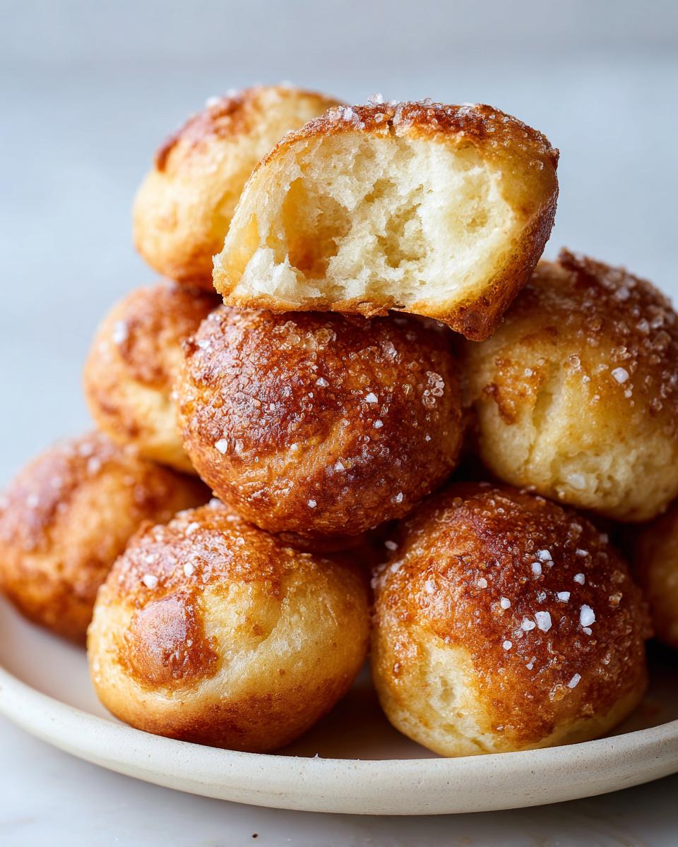 Close-up of a stack of golden brown pretzel bites, one broken open showing the soft interior.