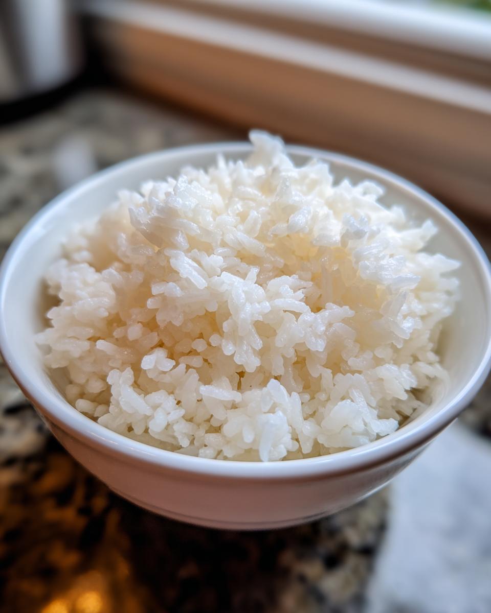 Close-up of perfectly cooked, fluffy sushi rice served in a small white bowl.