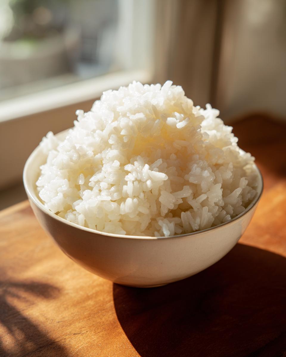 A close-up of a mound of perfectly cooked, fluffy sushi rice in a light-colored bowl.