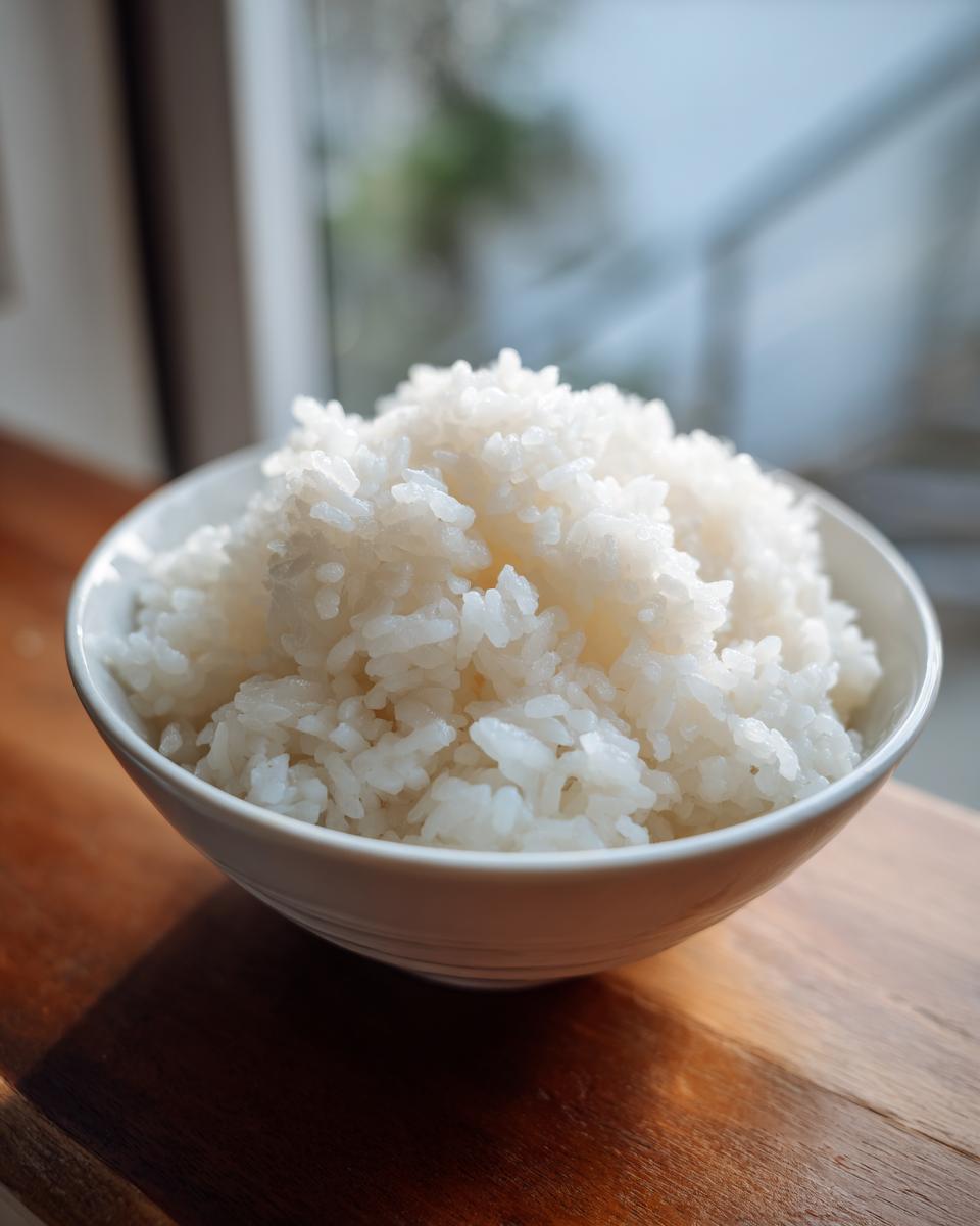 A close-up of perfectly cooked, fluffy sushi rice piled high in a small white bowl.