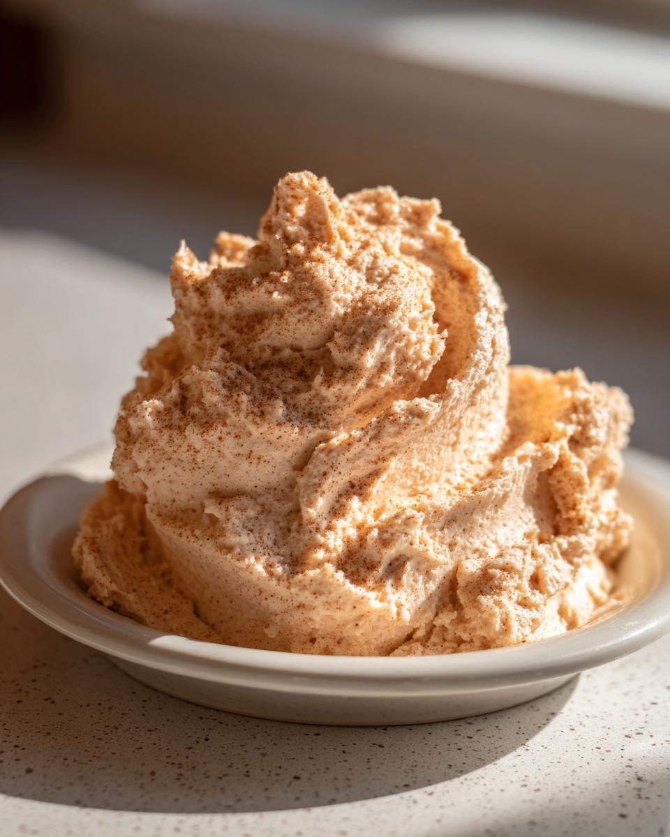 A close-up of fluffy, whipped cinnamon butter dusted with extra cinnamon spice, served in a small white bowl.
