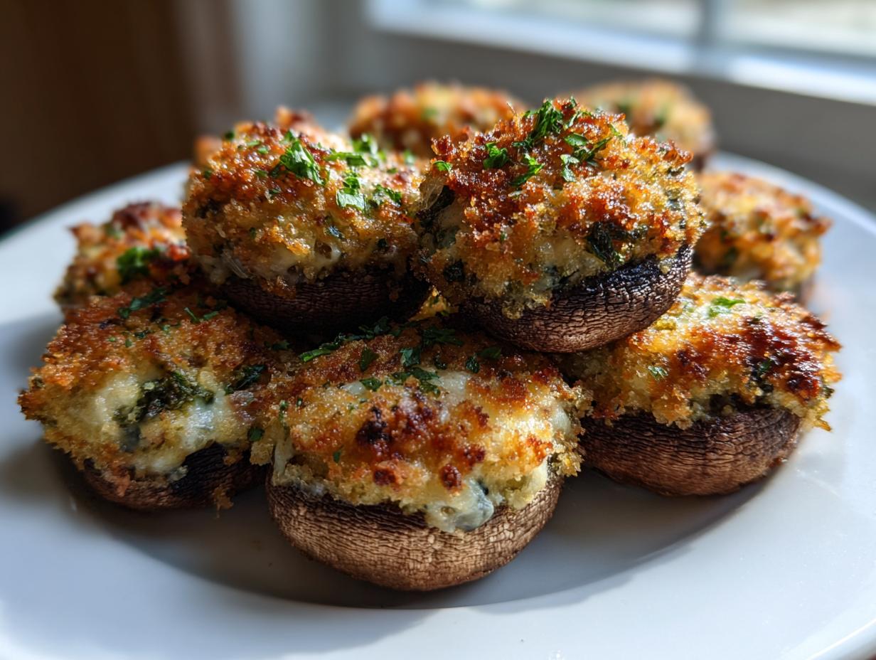 A pile of golden brown, baked stuffed mushrooms recipe garnished with fresh parsley on a white plate.