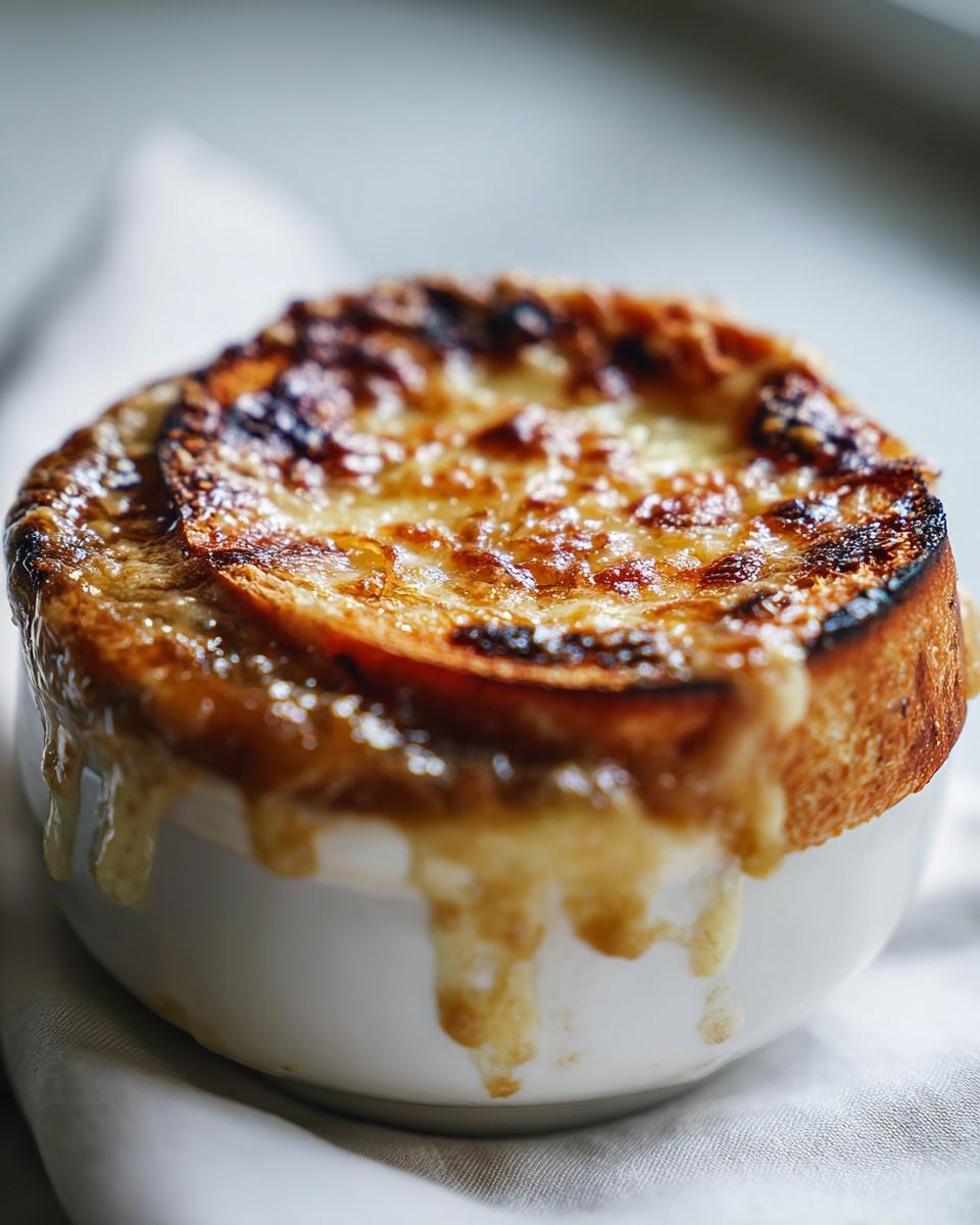 Close-up of rich french onion soup with a thick, browned, cheesy crouton topping dripping down the white bowl.