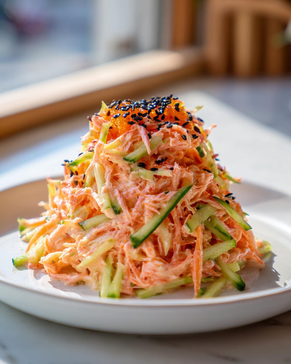 A mound of creamy kani salad mixed with shredded cucumber, topped with bright orange fish roe and black sesame seeds.