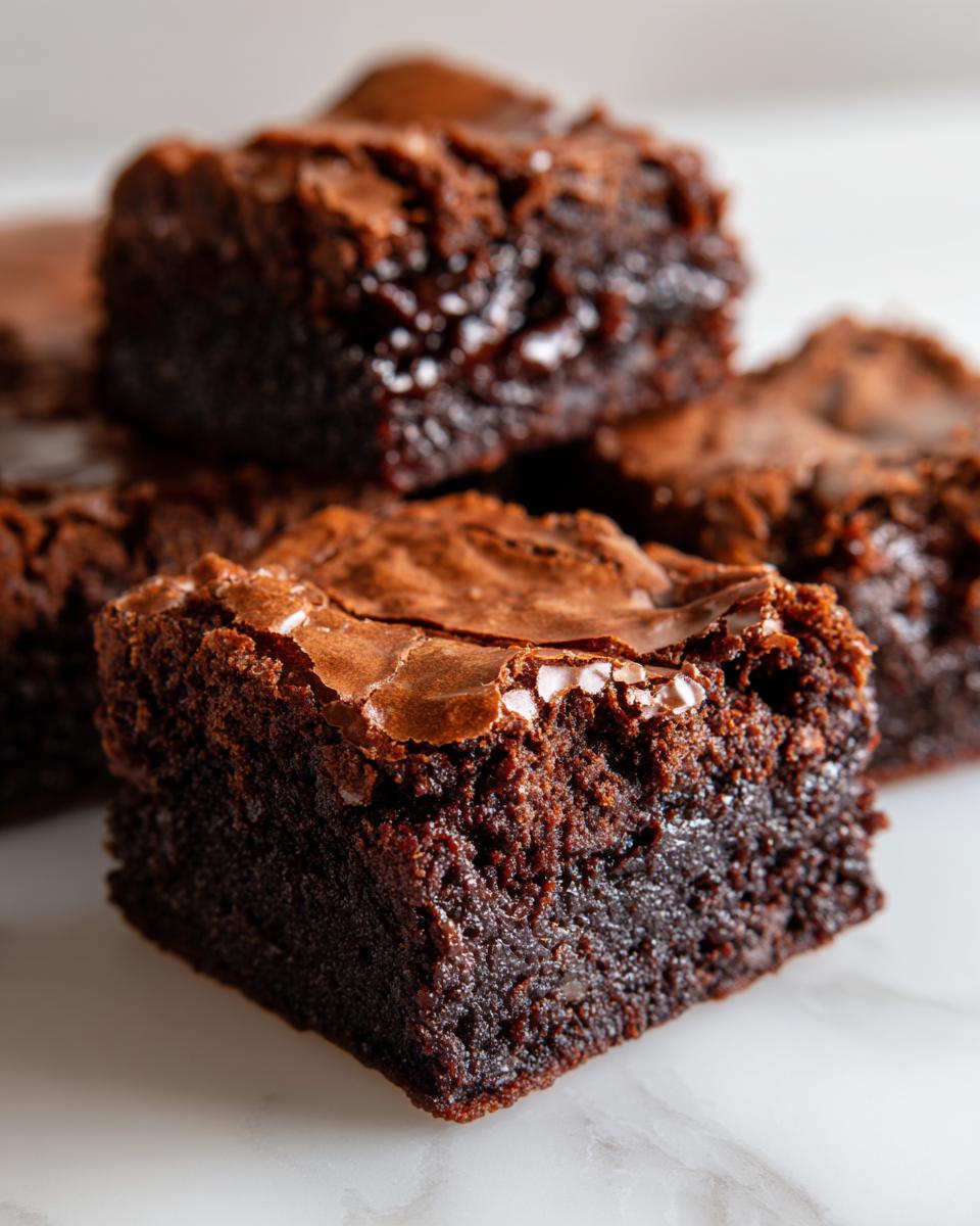 Close-up of a stack of rich, fudgy brownies showcasing their signature shiny, crackly top layer.