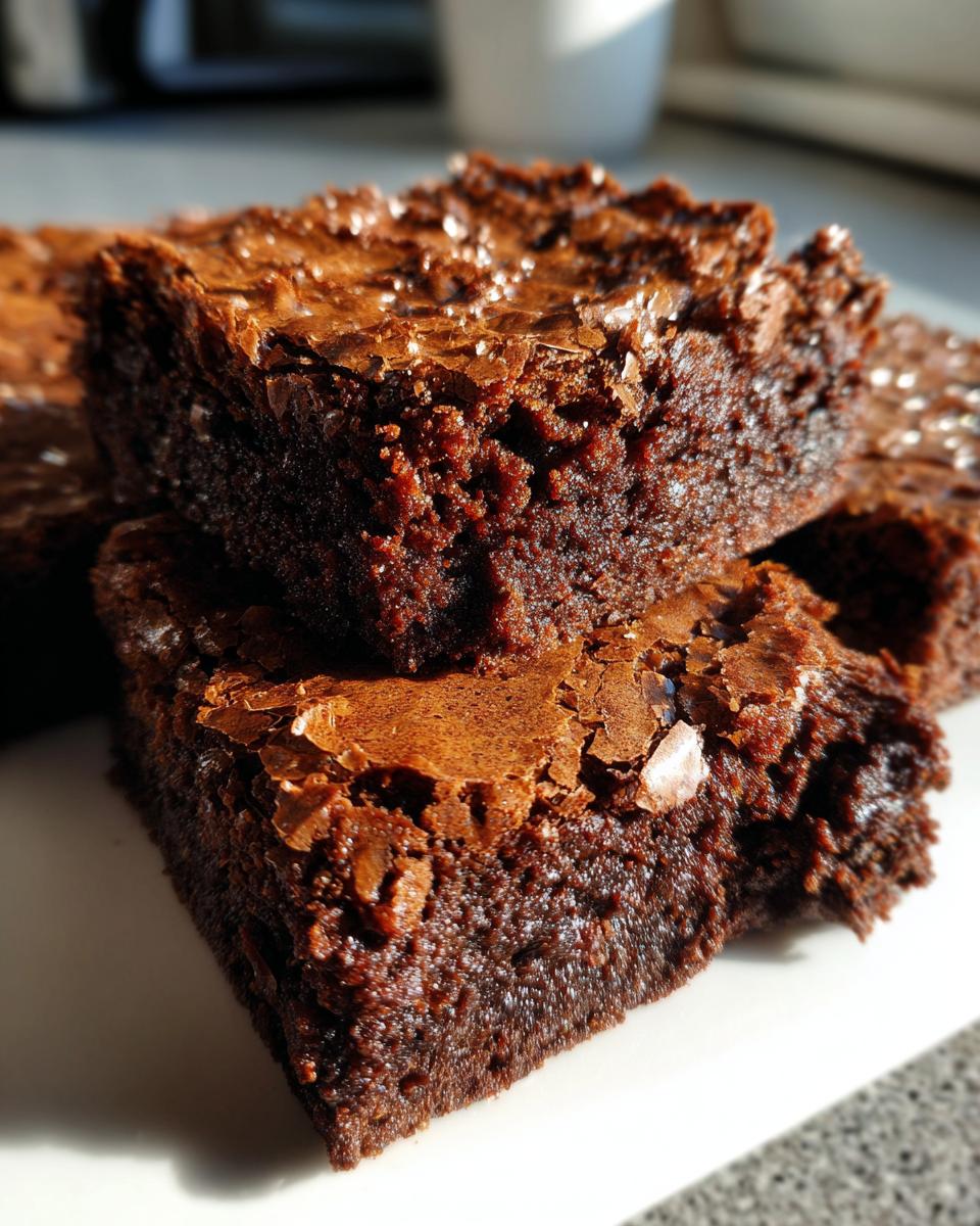 Close-up of fudgy brownies stacked, showing a shiny, crackly top sprinkled with sea salt flakes.