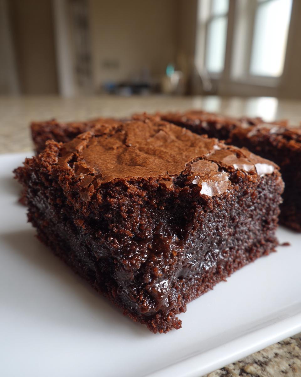 Close-up of a fudgy brownie square showing a shiny, crackly top and moist interior.