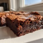 A close-up, cross-section view of a fudgy brownie showing its dense, moist interior and shiny, crackly top.
