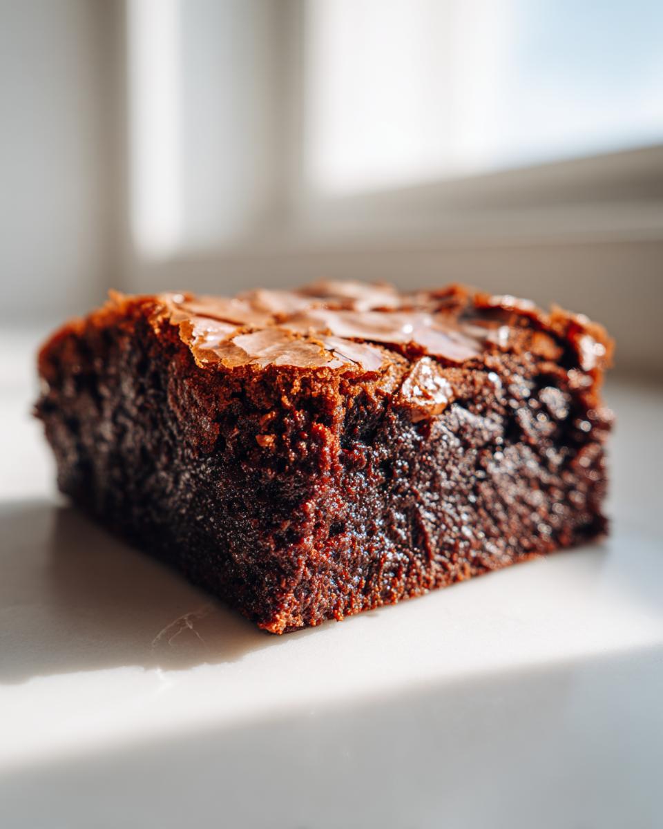 A single, thick slice of fudgy brownies showing a perfectly shiny, crackled top crust.