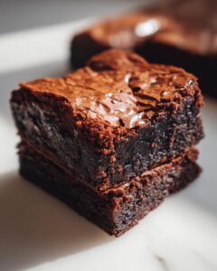 Two stacked, fudgy brownies showing a rich, crackly, shiny top crust.