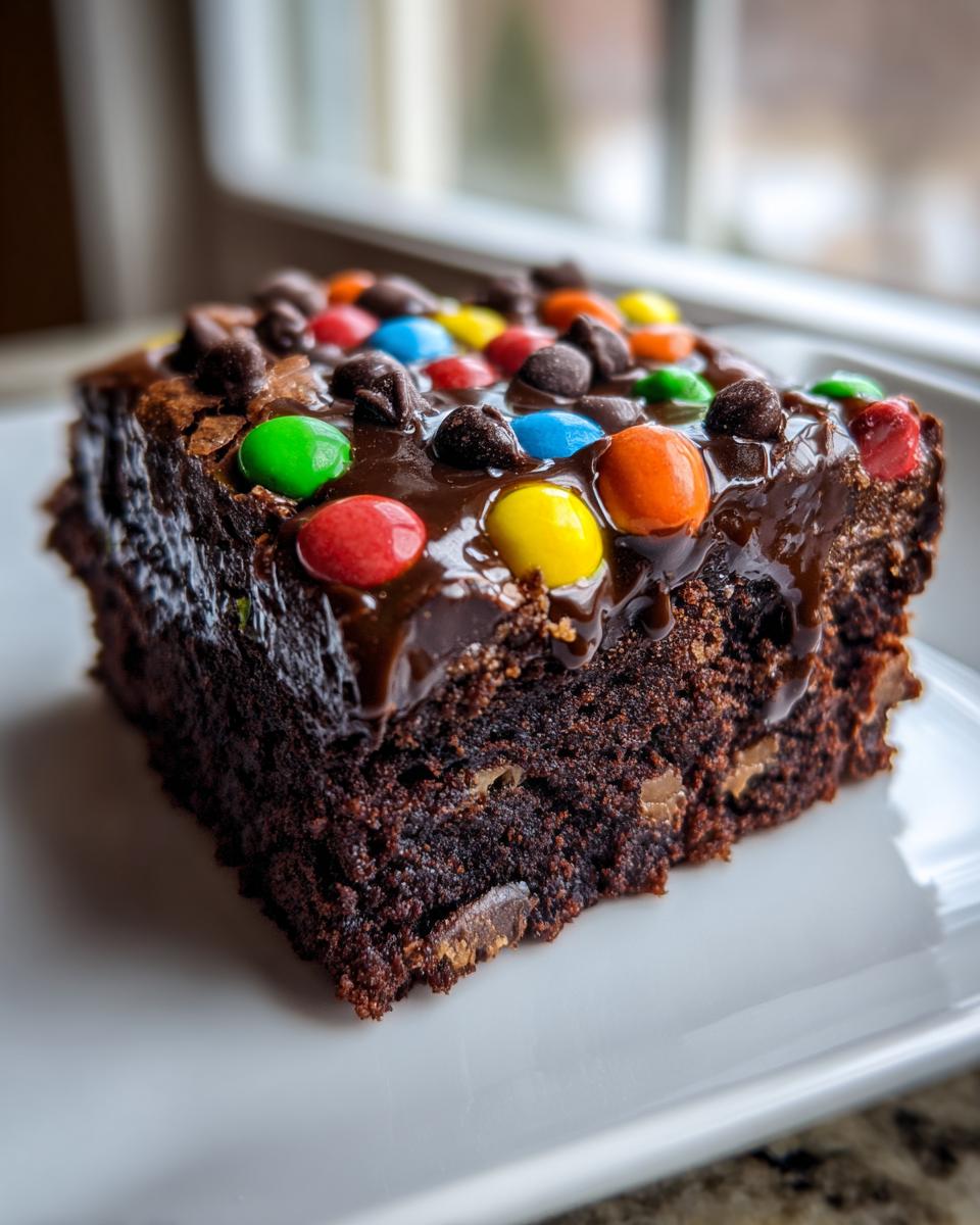 A close-up of a rich, fudgy cosmic brownie slice topped with chocolate glaze, colorful candies, and chocolate chips.
