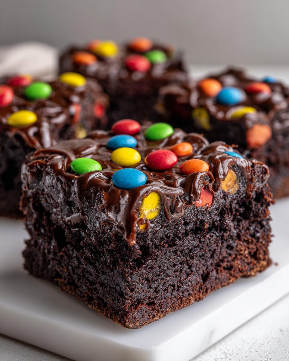 A close-up of a rich, fudgy cosmic brownie square topped with chocolate glaze and colorful candy pieces.