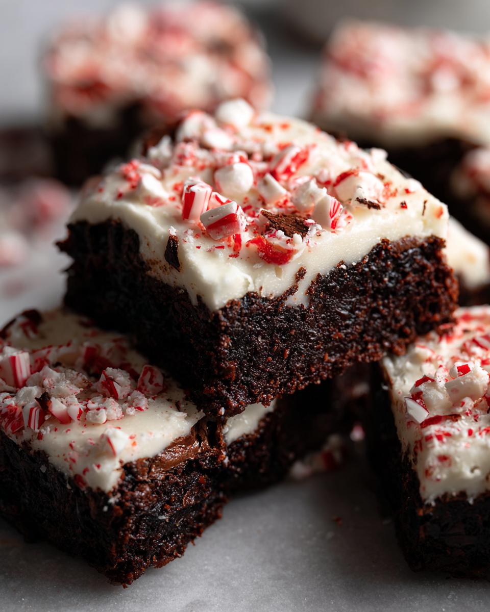 Stack of rich, fudgy peppermint brownies topped with thick white frosting and crushed candy canes.