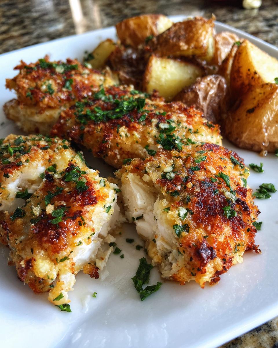 Close-up of crispy garlic parmesan chicken breast pieces served next to roasted potatoes, garnished with parsley.