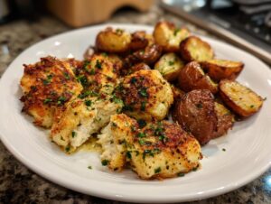 Close-up of golden-brown garlic parmesan chicken pieces served with roasted red potatoes.