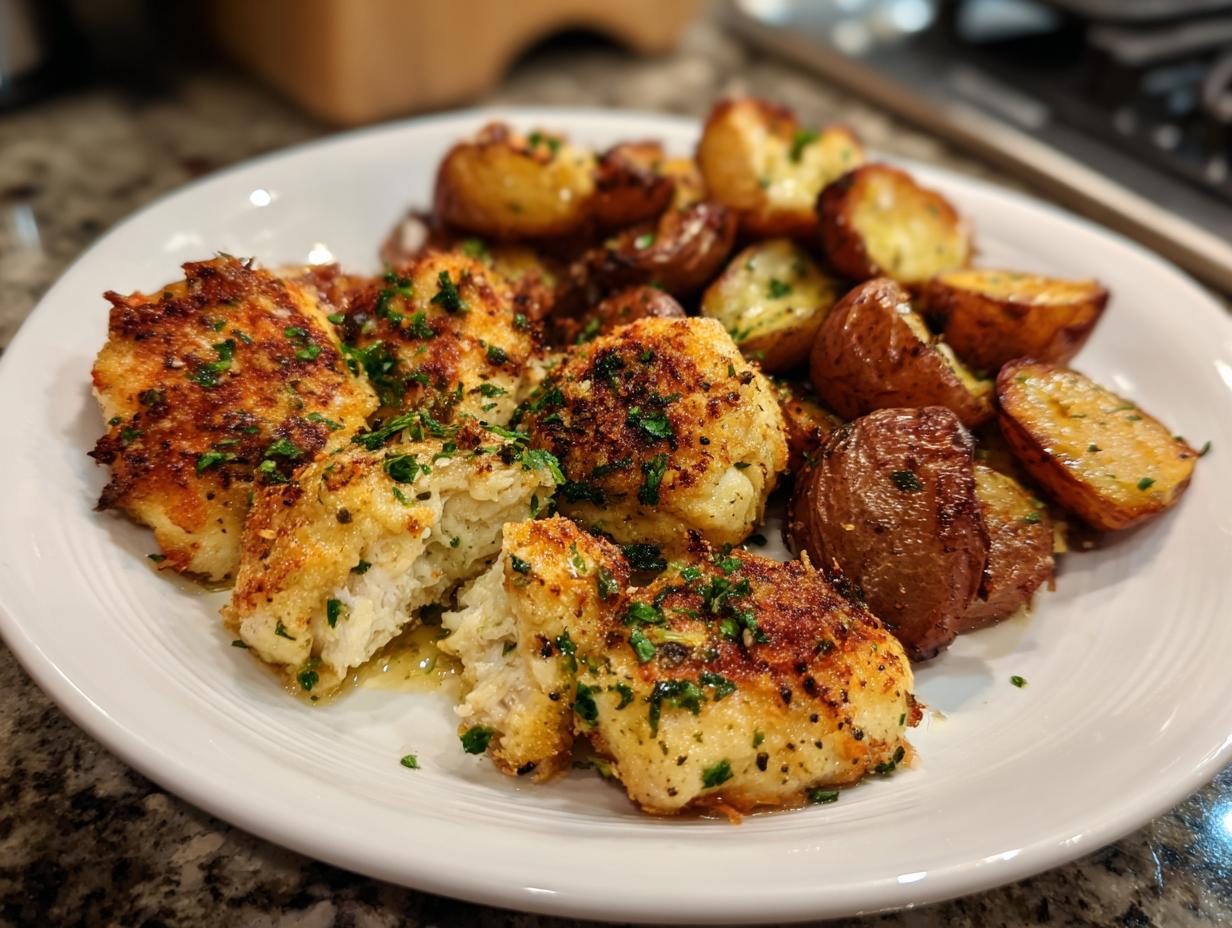 Close-up of golden-brown garlic parmesan chicken pieces served with roasted red potatoes.