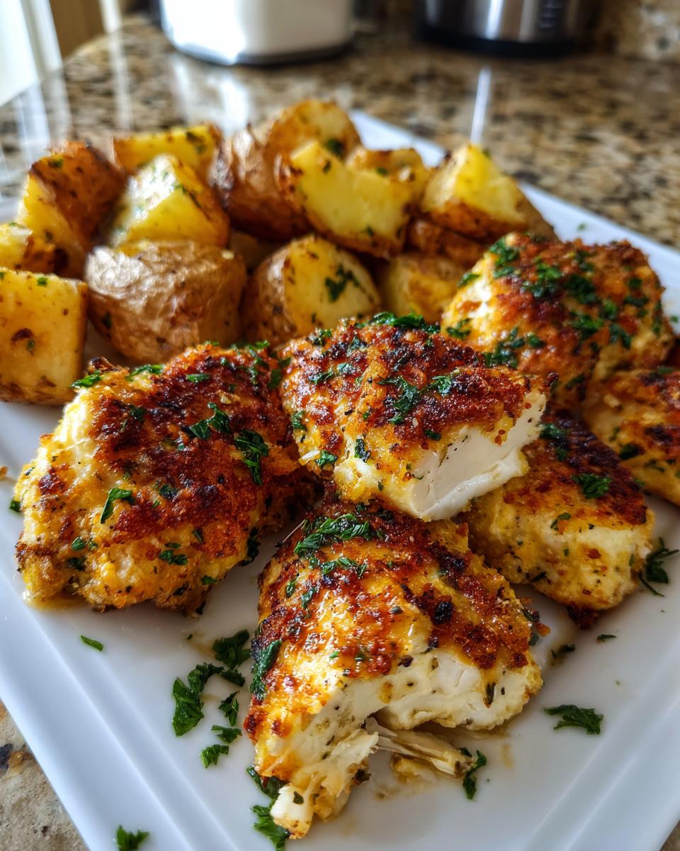 Close-up of golden, baked garlic parmesan chicken pieces served alongside roasted potatoes.