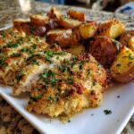 Close-up of crispy garlic parmesan chicken and roasted potatoes garnished with parsley.