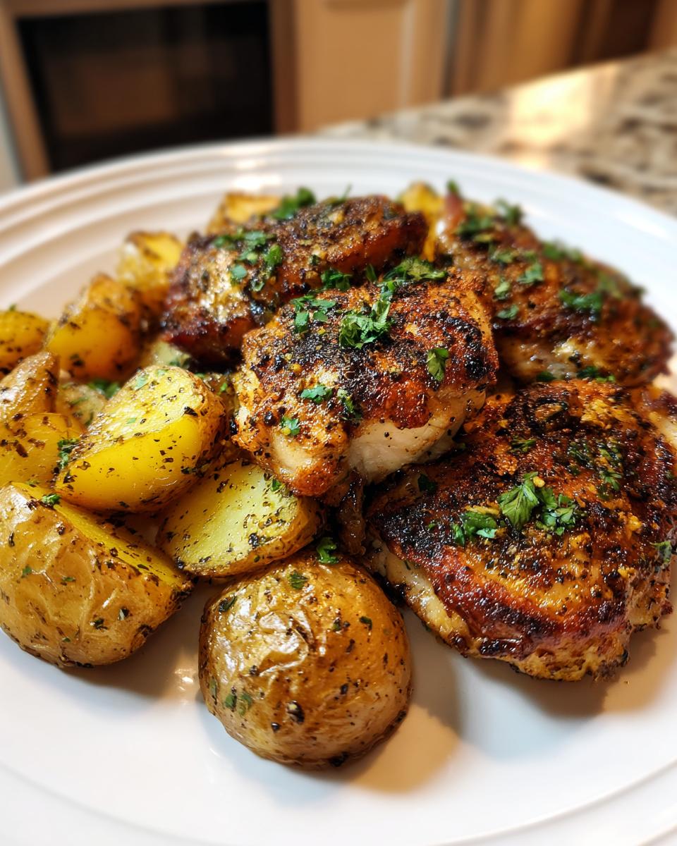 Close-up of perfectly cooked garlic parmesan chicken and potatoes seasoned with herbs on a white plate.