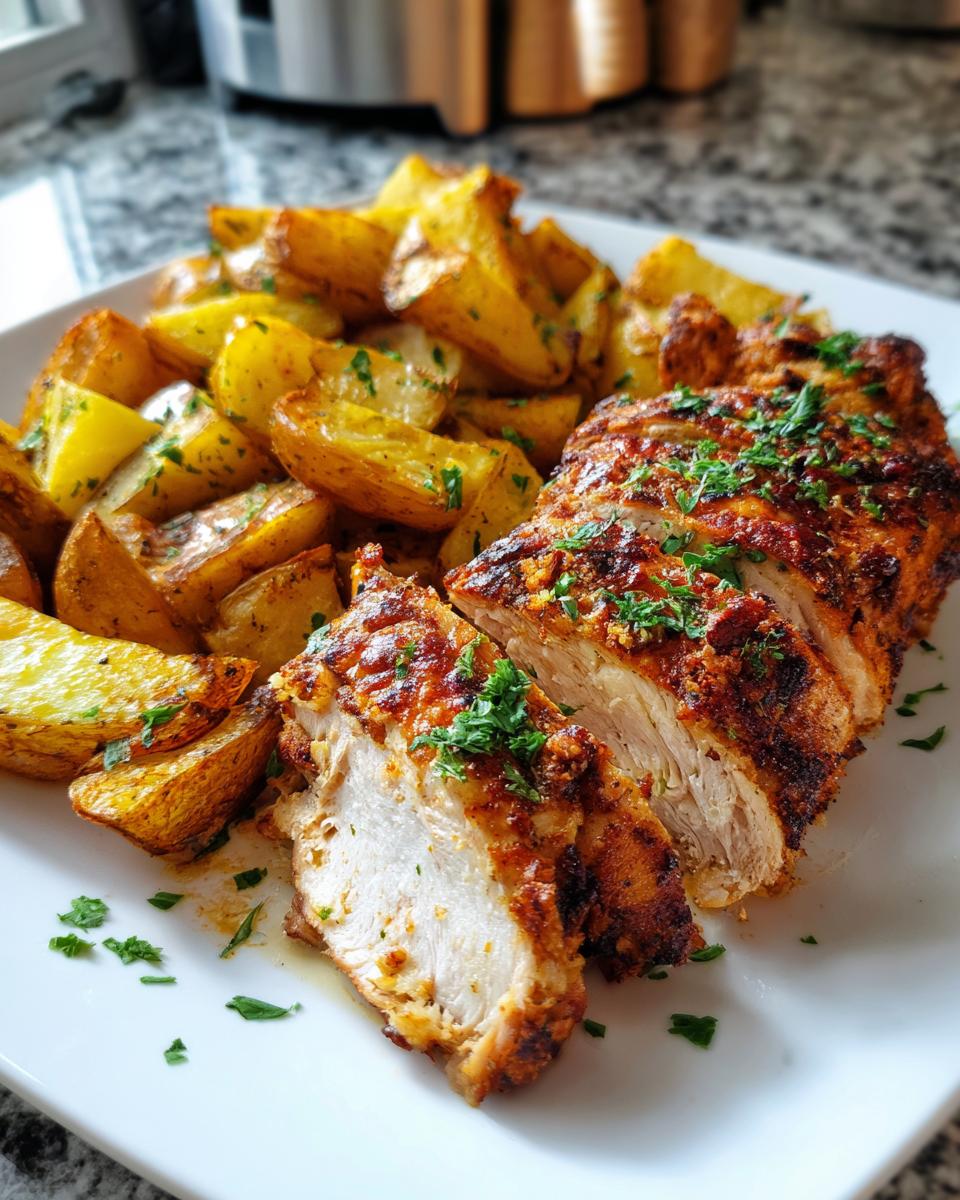 Close-up of sliced garlic parmesan chicken and potatoes, garnished with parsley.