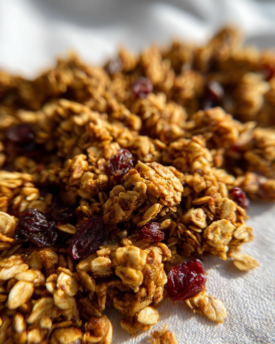 Macro shot of golden brown gingerbread granola clusters mixed with dark dried cranberries.