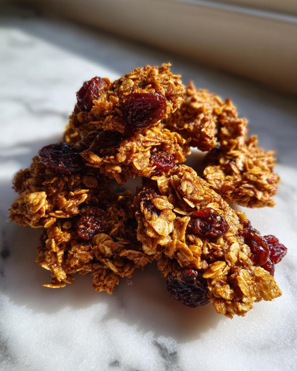 Close-up of clustered pieces of homemade gingerbread granola mixed with dark dried cranberries on a white marble surface.