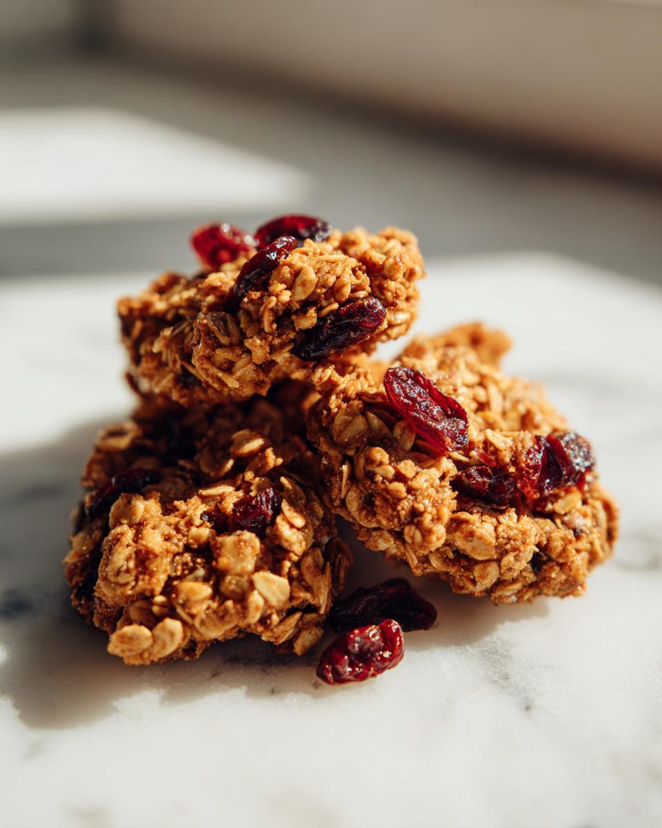 Three clusters of homemade gingerbread granola studded with dried cranberries resting on a white marble surface.