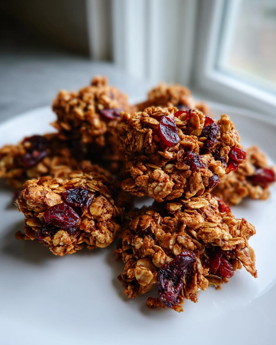 Close-up of homemade gingerbread granola clusters studded with dried cranberries on a white plate.