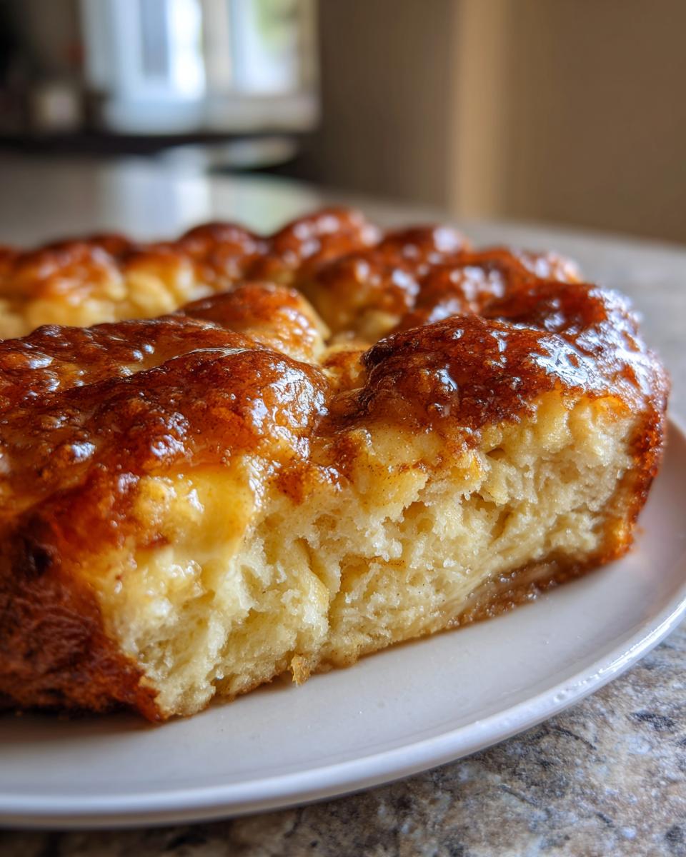 A close-up cross-section of a soft, fluffy apple cobbler with a thick, shiny, caramelized brown sugar topping.