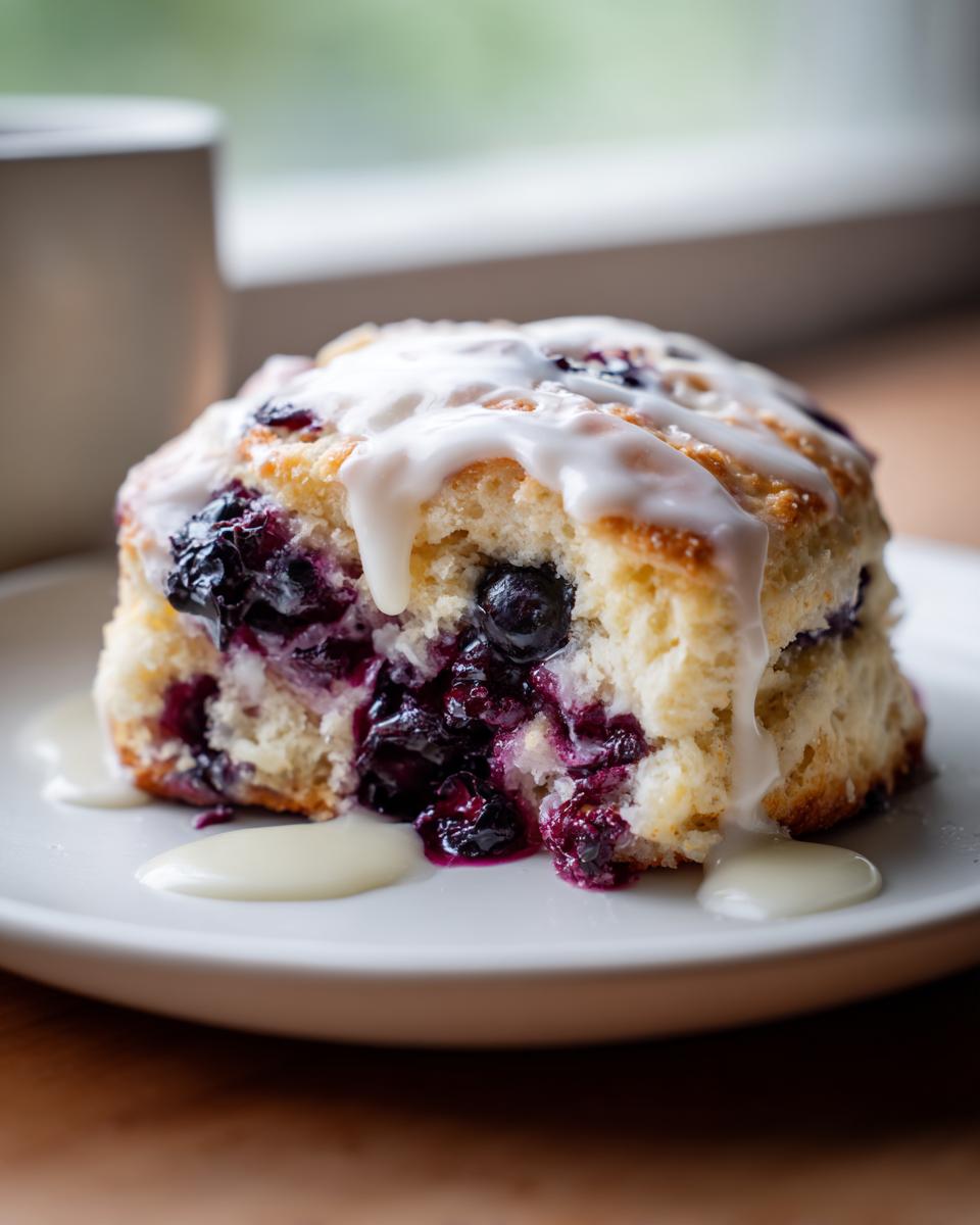 A close-up of a freshly baked blueberry scone topped with thick white glaze, served on a white plate.