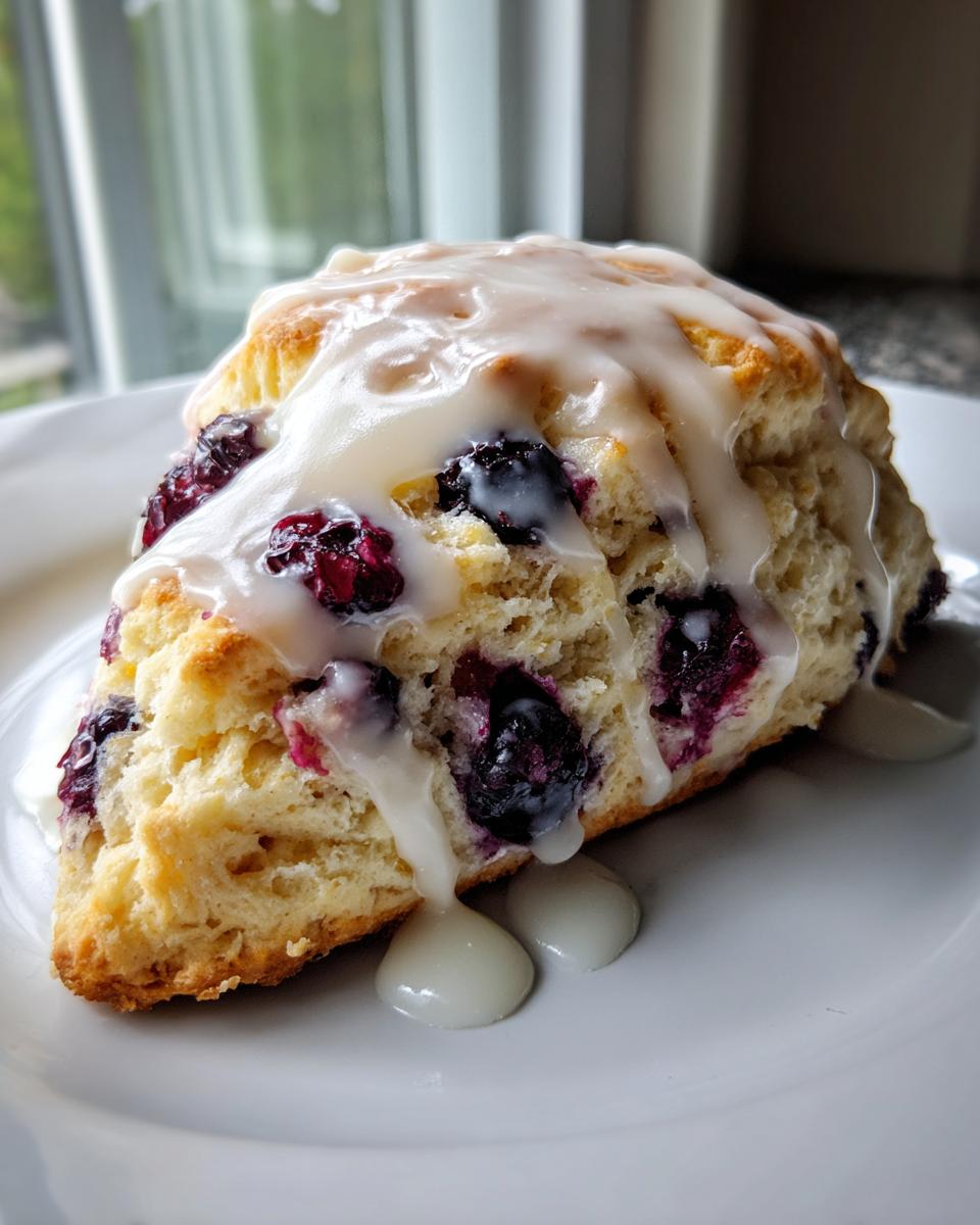 A close-up of a single, triangular blueberry scone topped with thick white glaze, featuring visible baked blueberries.