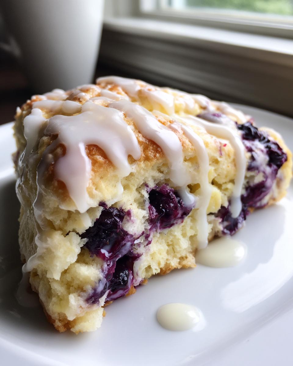 A close-up of a single, moist blueberry scone drizzled generously with white glaze, showcasing the rich purple blueberries inside.